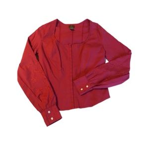 Anthropologie Meadow Rue brick red corset top long sleeve blouse 8 embroidered
